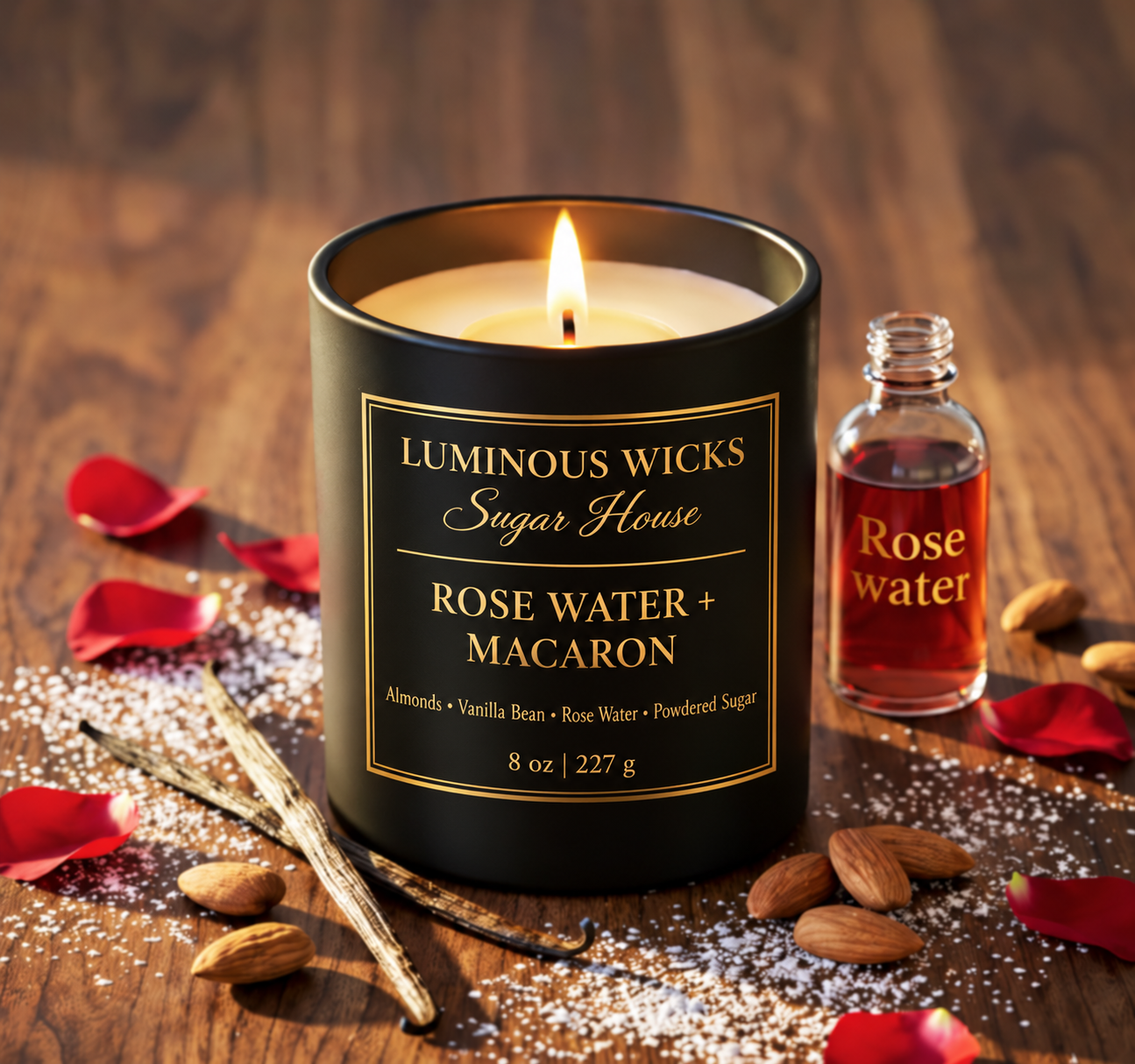 Luminous Wicks Rosewater Macaron 8 oz Candle in a matte black jar