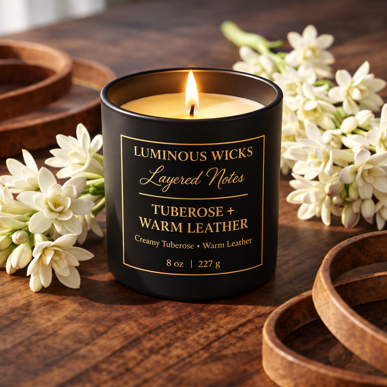 Luminous Wicks Tuberose Warm Leather 8oz Luxury Candle