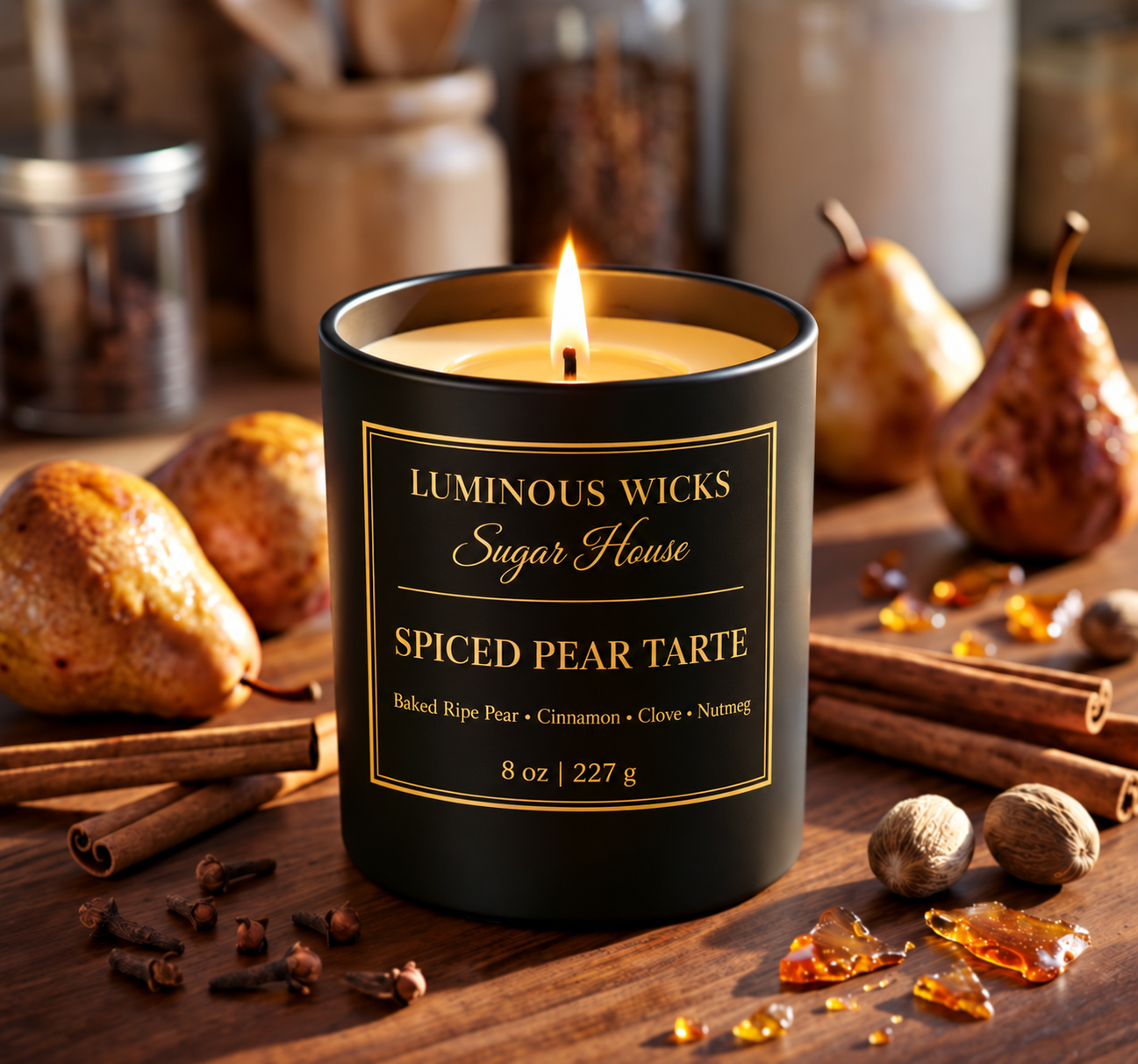 Luminous Wicks Spiced Pear Tarte 8 oz Candle in a matte black jar