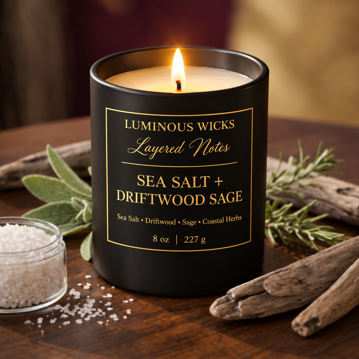 Luminous Wicks Sea Salt Driftwood Sage 8oz Luxury Candle
