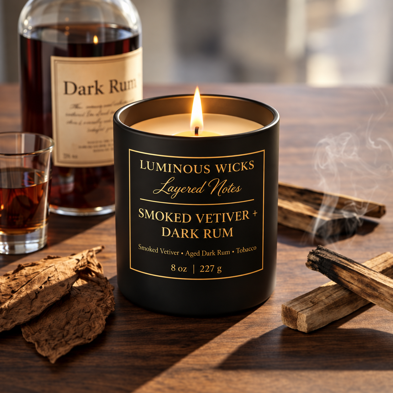 Luminous Wicks Smoked Vetiver & Dark Rum 8oz Luxury Candle