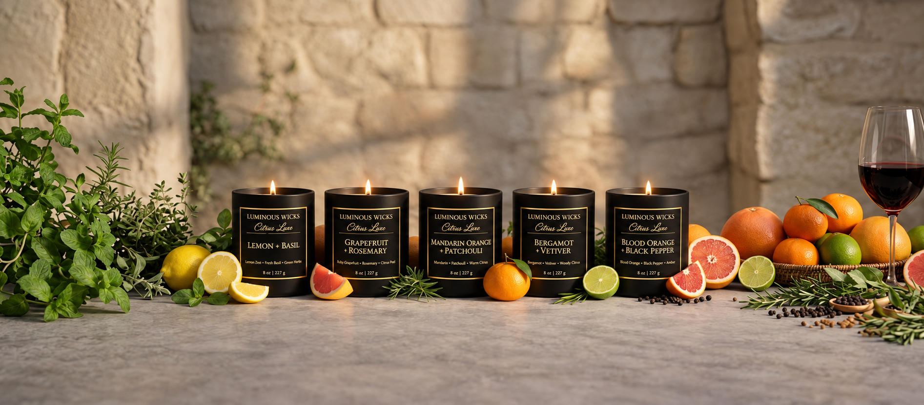 Luminous Wicks Citrus Luxe candle collection