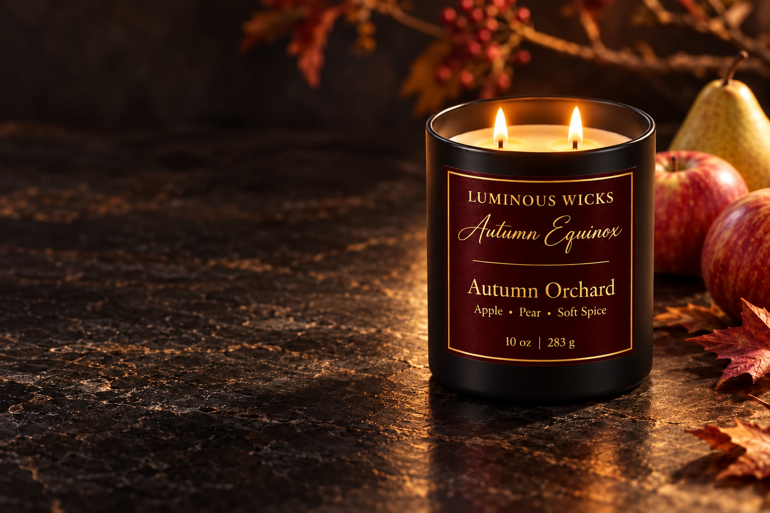Luminous Wicks Autumn Orchard 10 oz candle with two lit wicks, a maroon and gold label, apples and pears.