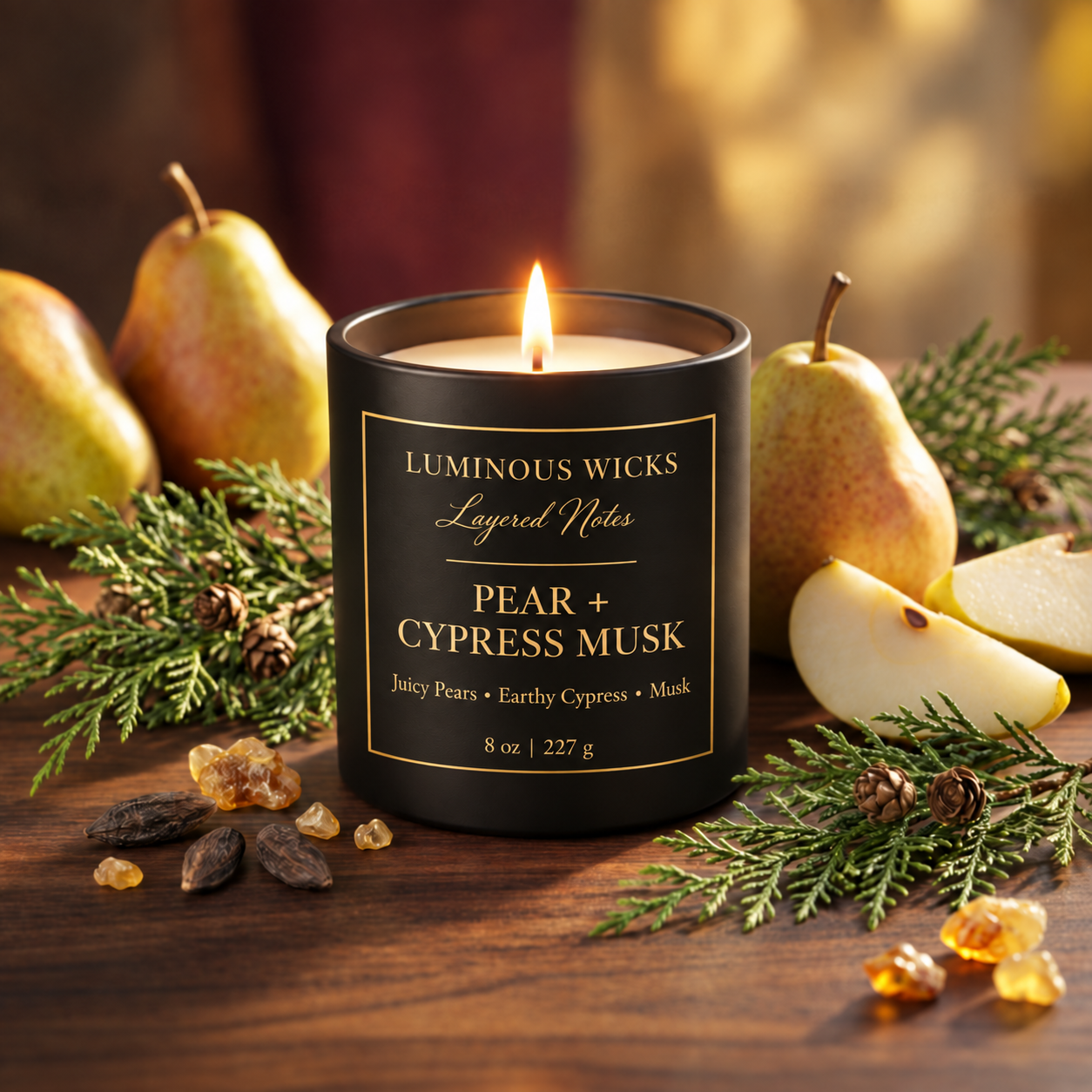 Luxury handcrafted candles by Luminous Wicks, featuring Pear & Cypress Musk