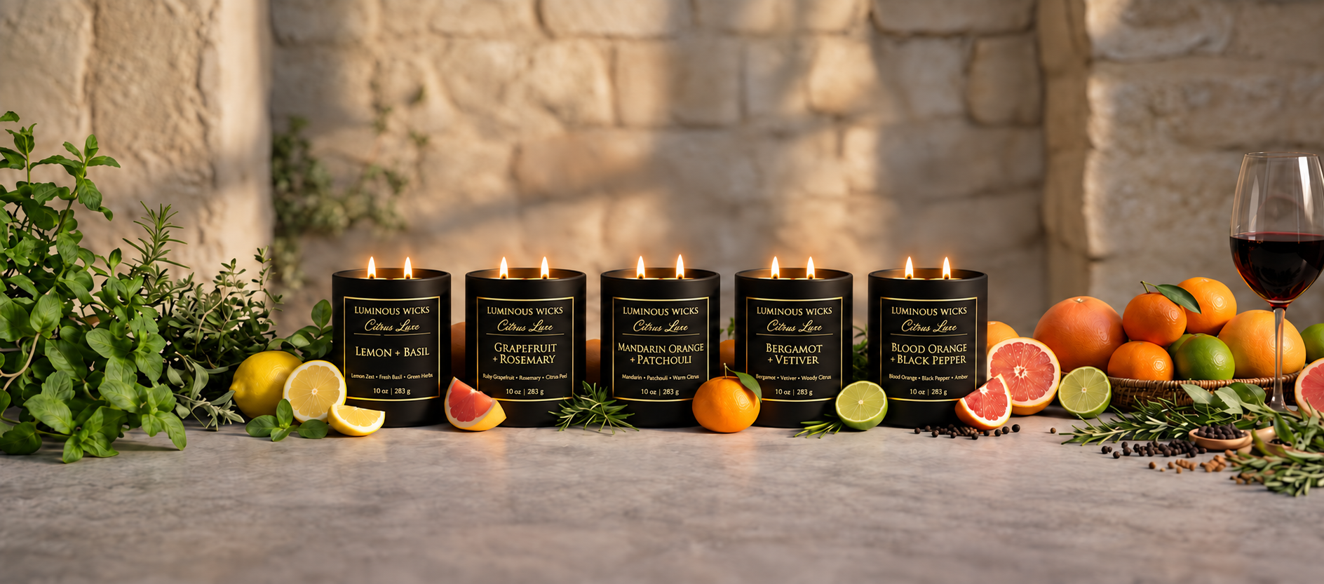 Five Luminous Wicks Citrus Luxe 10 oz candles with two lit wicks each, labeled 283 g