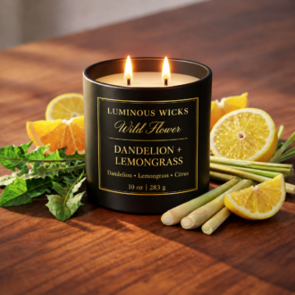 Luminous Wicks Dandelion and Lemongrass 10-ounce candle with two lit wicks
