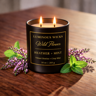 Luminous Wicks Heather & Mint 10 oz candle with two lit wicks