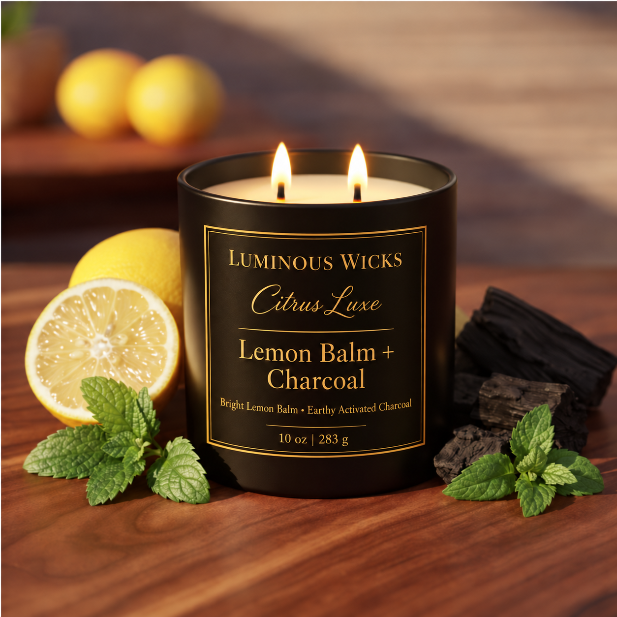 Luminous Wicks Lemon Balm and Charcoal 10-ounce candle with two lit wicks