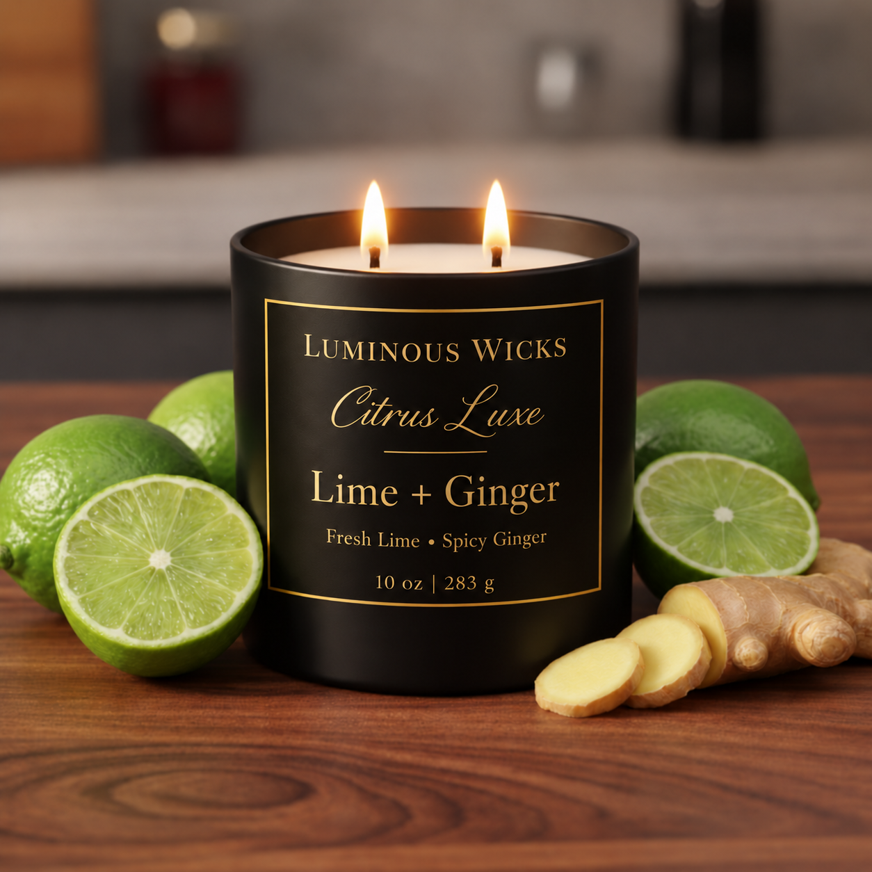 Luminous Wicks Lime and Ginger 10 oz candle with two lit wicks