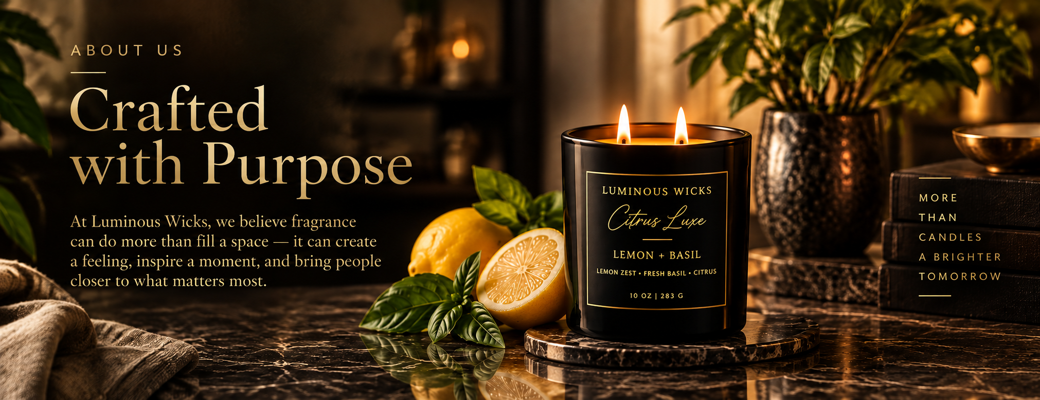Luminous Wicks 10 oz Lemon and Basil candle with two lit wicks beside citrus and greenery