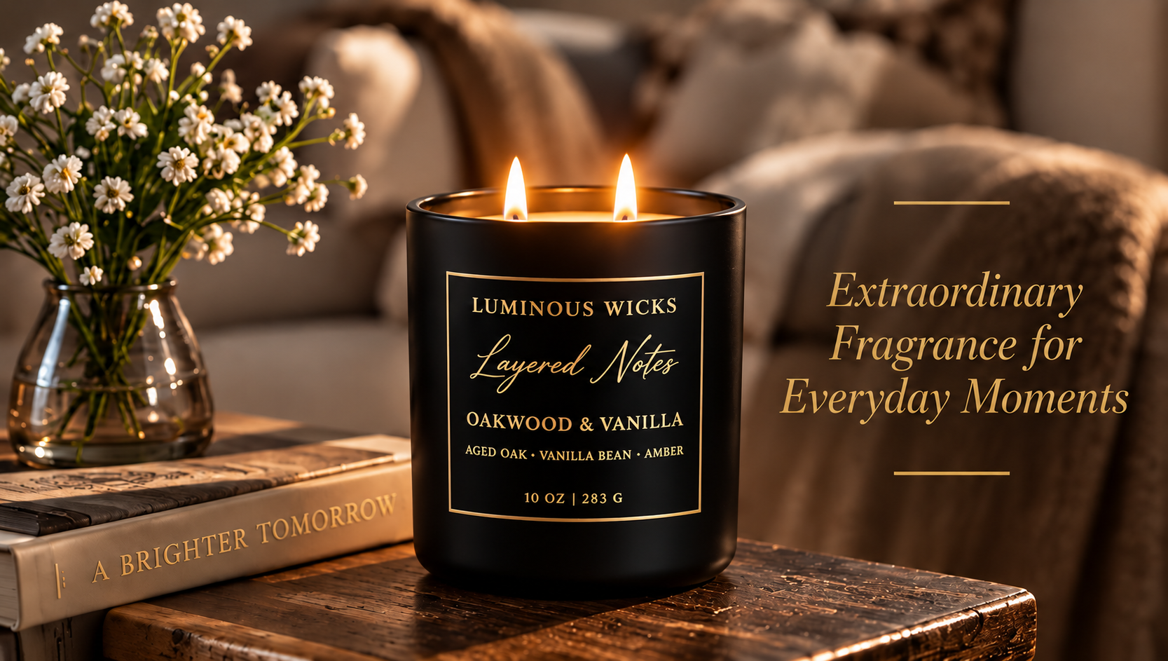 Luminous Wicks 10 oz Oakwood and Vanilla candle with two lit wicks