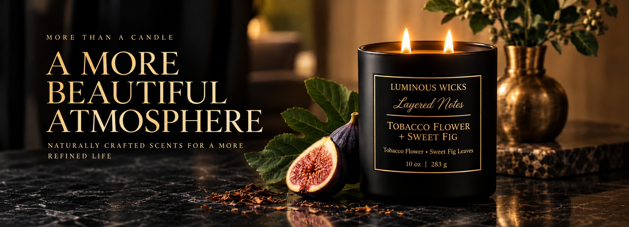 Luminous Wicks Tobacco Flower and Sweet Fig 10 oz candle with two lit wicks