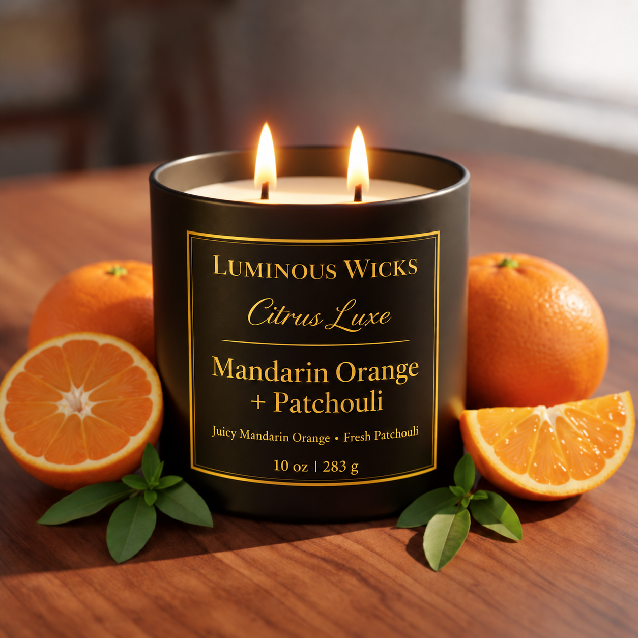 Luminous Wicks Mandarin Orange and Patchouli 10 oz candle with two lit wicks