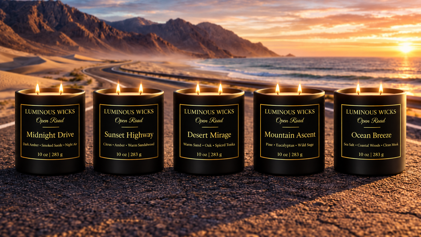 Five Luminous Wicks Open Road 10 oz candles with two lit wicks against a coastal road at sunset