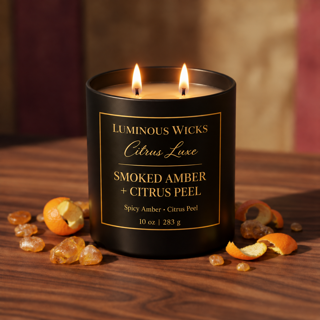 Luminous Wicks Smoked Amber and Citrus Peel 10 oz candle with two lit wicks
