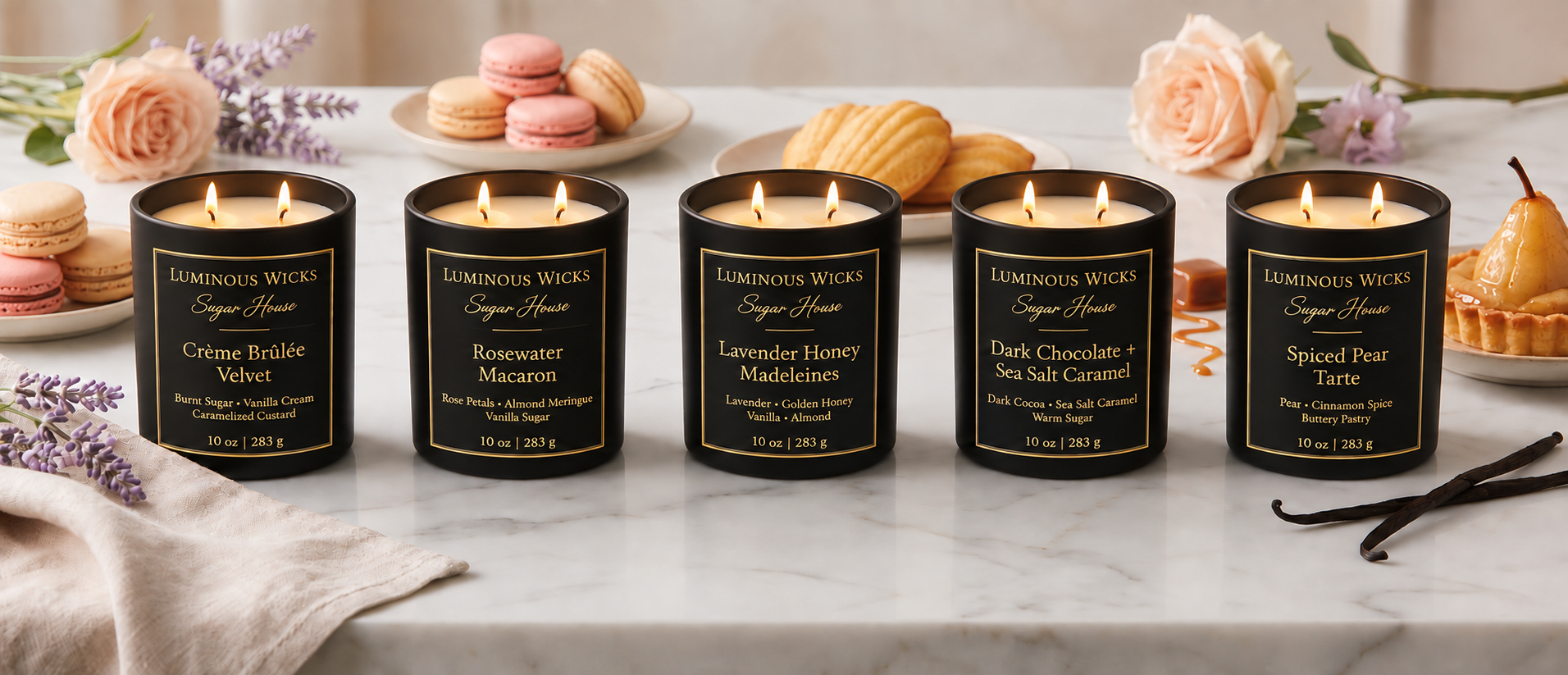 Luminous Wicks Sugar House Collection 10 oz candles with two lit wicks