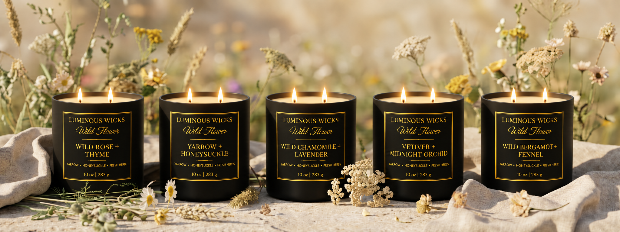 Five Luminous Wicks Wildflower 10 oz candles with two lit wicks each among wildflowers