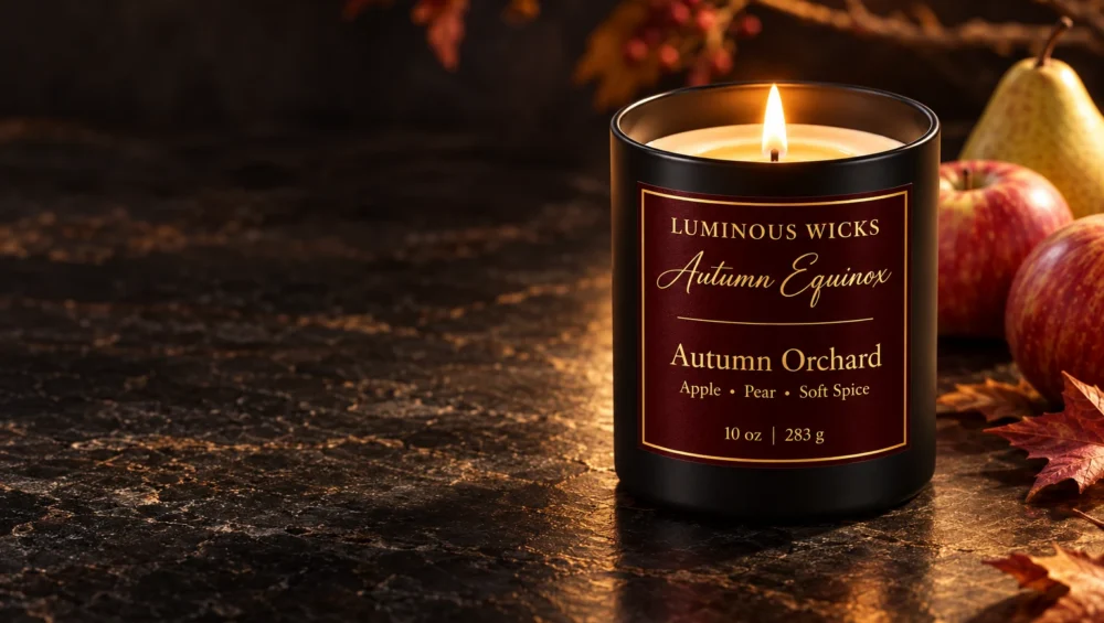 Luminous Wicks Autumn Orchard candle with a maroon and gold label, styled with apples and pears on dark stone.
