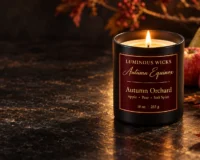 Luminous Wicks Autumn Orchard candle with a maroon and gold label, styled with apples and pears on dark stone.
