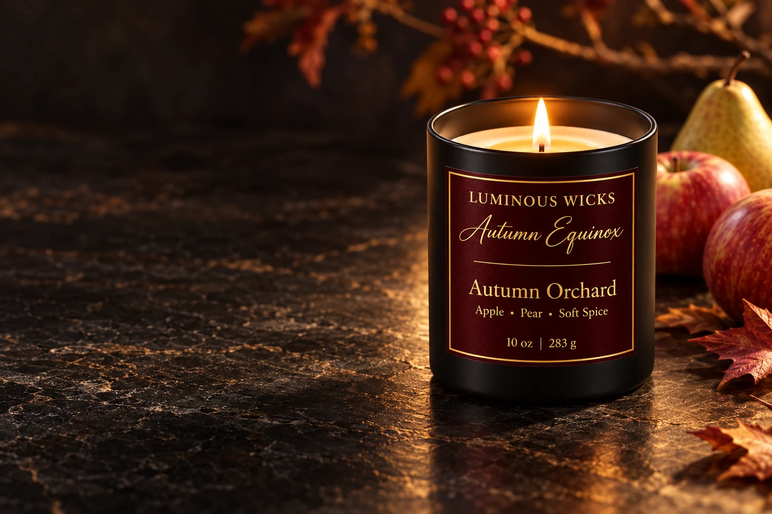 Luminous Wicks Autumn Orchard candle with a maroon and gold label, styled with apples and pears on dark stone.