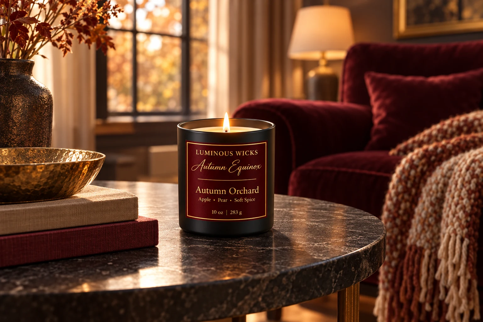 Autumn Orchard candle on a dark stone side table in an elegant autumn living room.