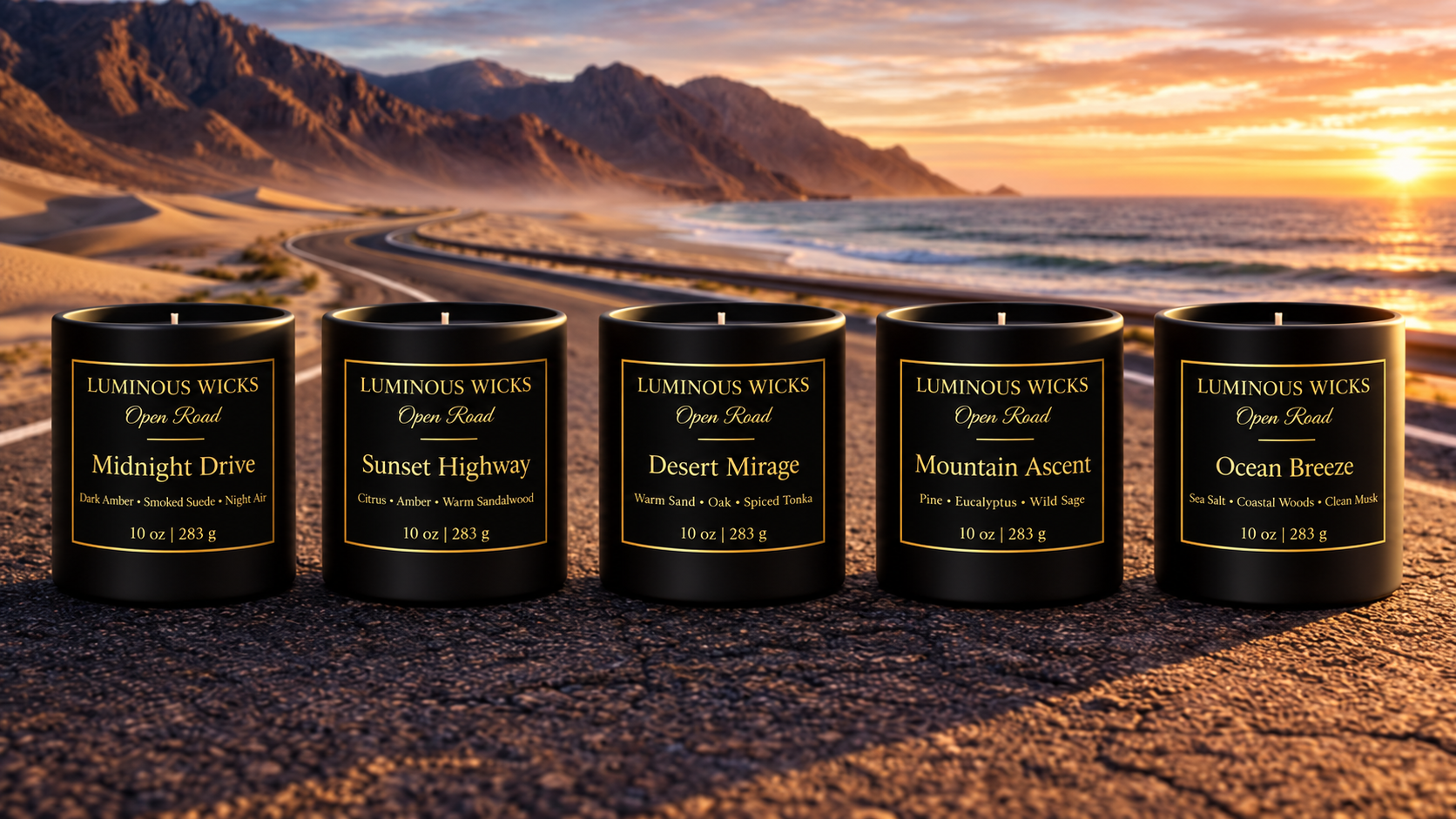 Luminous Wicks Open Road Collection 10oz Luxury Candles Banner