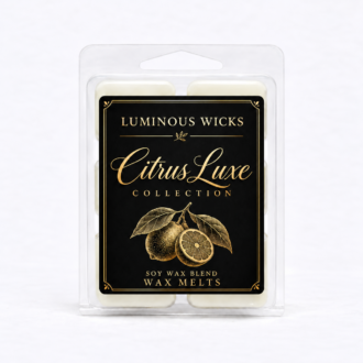Citrus Luxe soy wax blend melts in a clear clamshell with an elegant black and gold label and citrus illustration