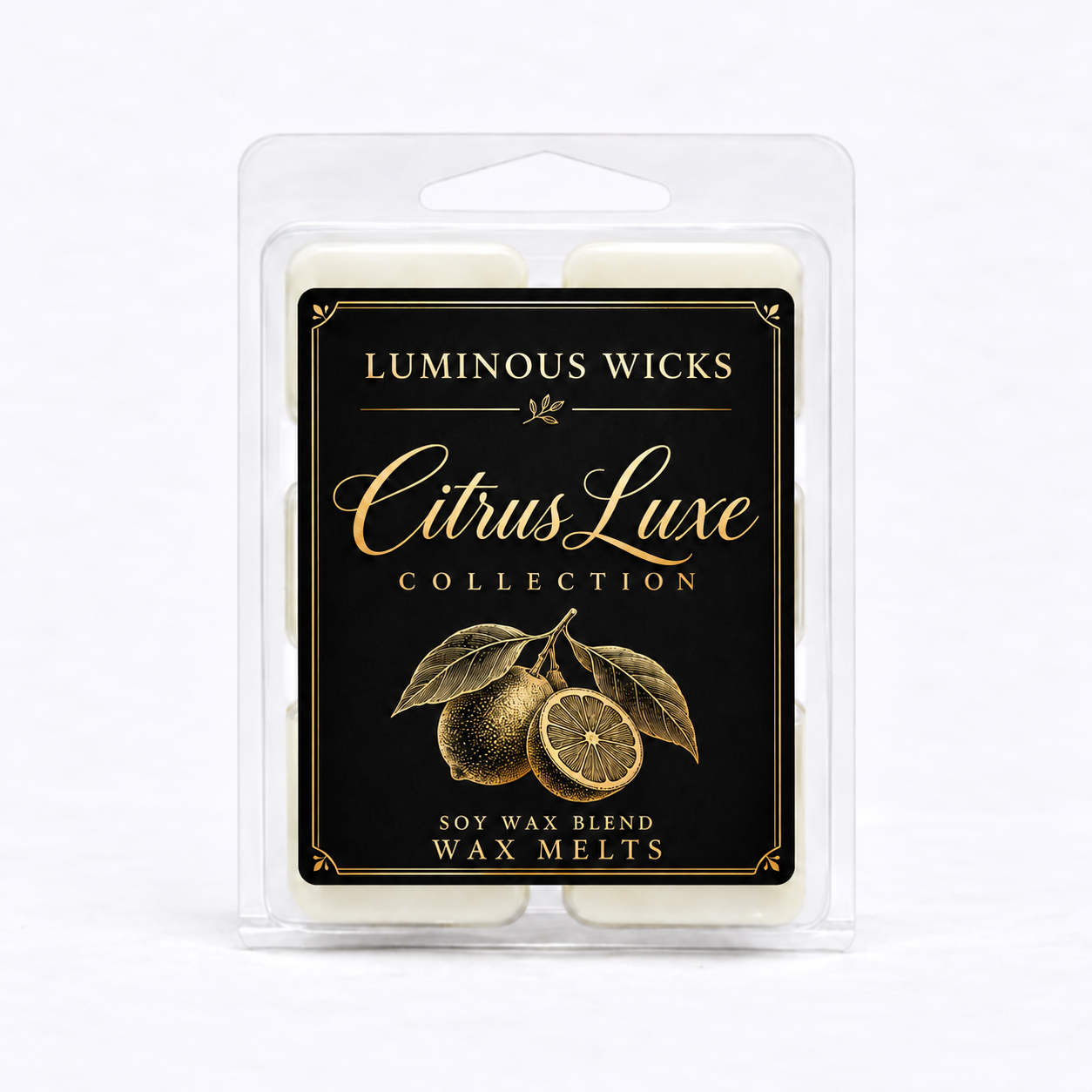 Citrus Luxe soy wax blend melts in a clear clamshell with an elegant black and gold label and citrus illustration