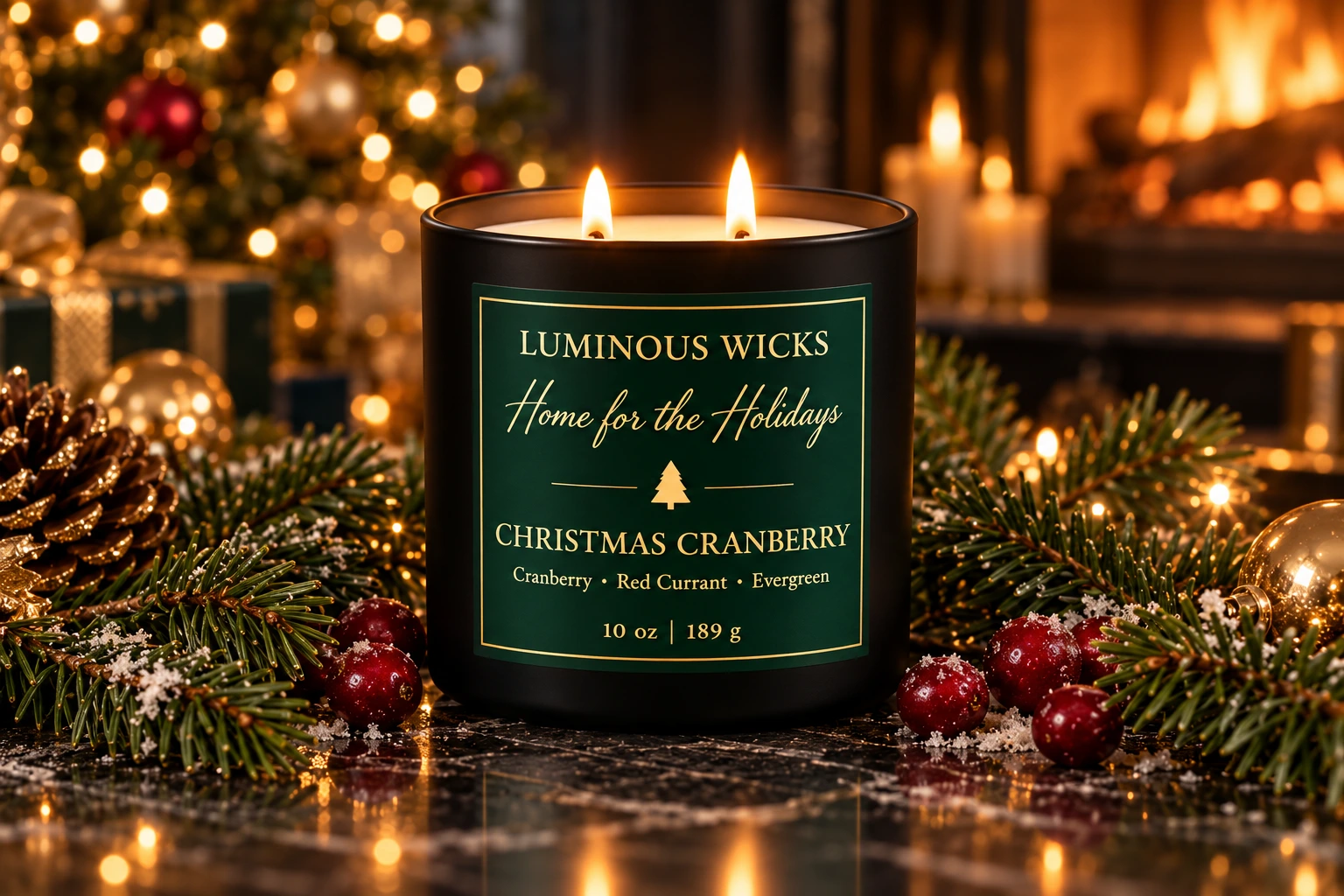 Christmas Cranberry candle in a matte black jar with an evergreen and gold label reading 10 oz | 189 g and two lit wicks