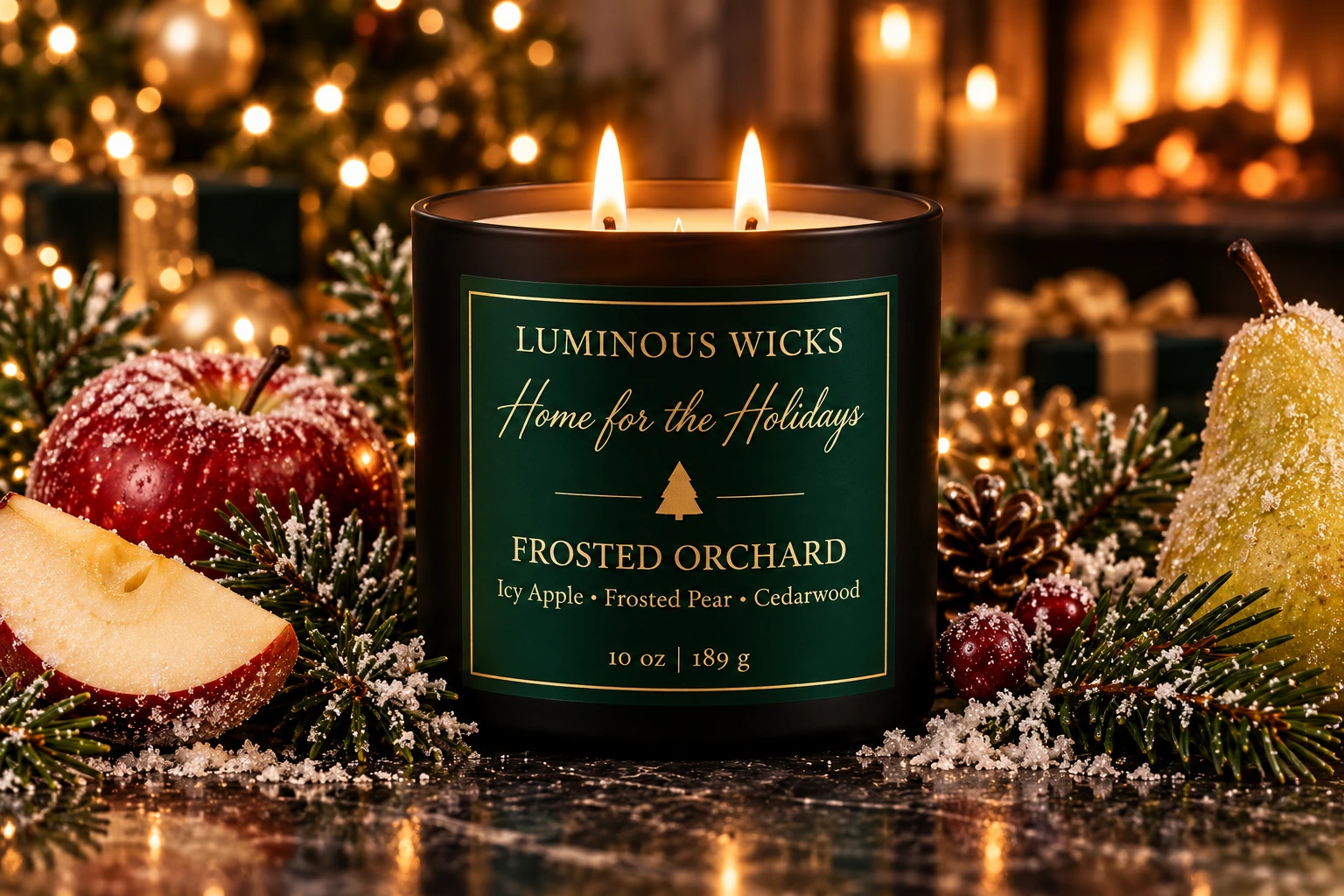 Frosted Orchard candle in a matte black jar with an evergreen and gold label reading 10 oz | 189 g and two lit wicks