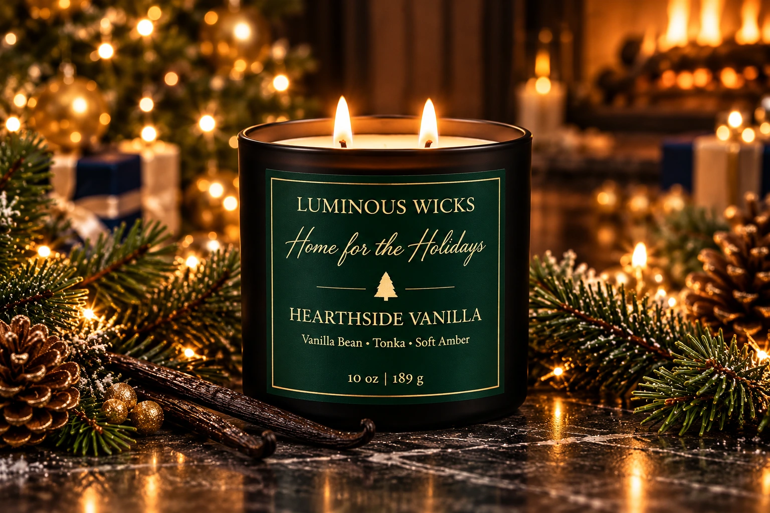 Hearthside Vanilla candle in a matte black jar with an evergreen and gold label reading 10 oz | 189 g and two lit wicks