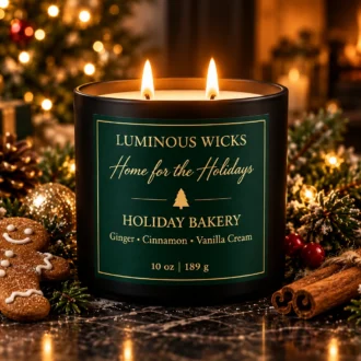 Holiday Bakery candle in a matte black jar with an evergreen and gold label reading 10 oz | 189 g and two lit wicks