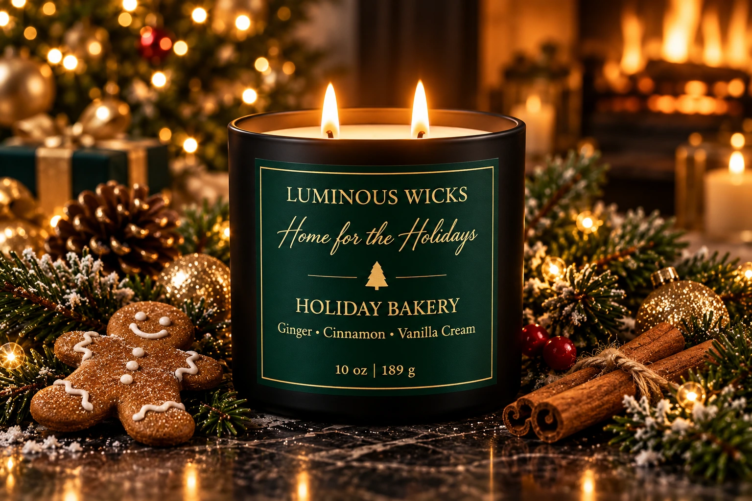 Holiday Bakery candle in a matte black jar with an evergreen and gold label reading 10 oz | 189 g and two lit wicks