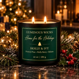 Holly & Ivy candle in a matte black jar with an evergreen and gold label reading 10 oz | 189 g and two lit wicks