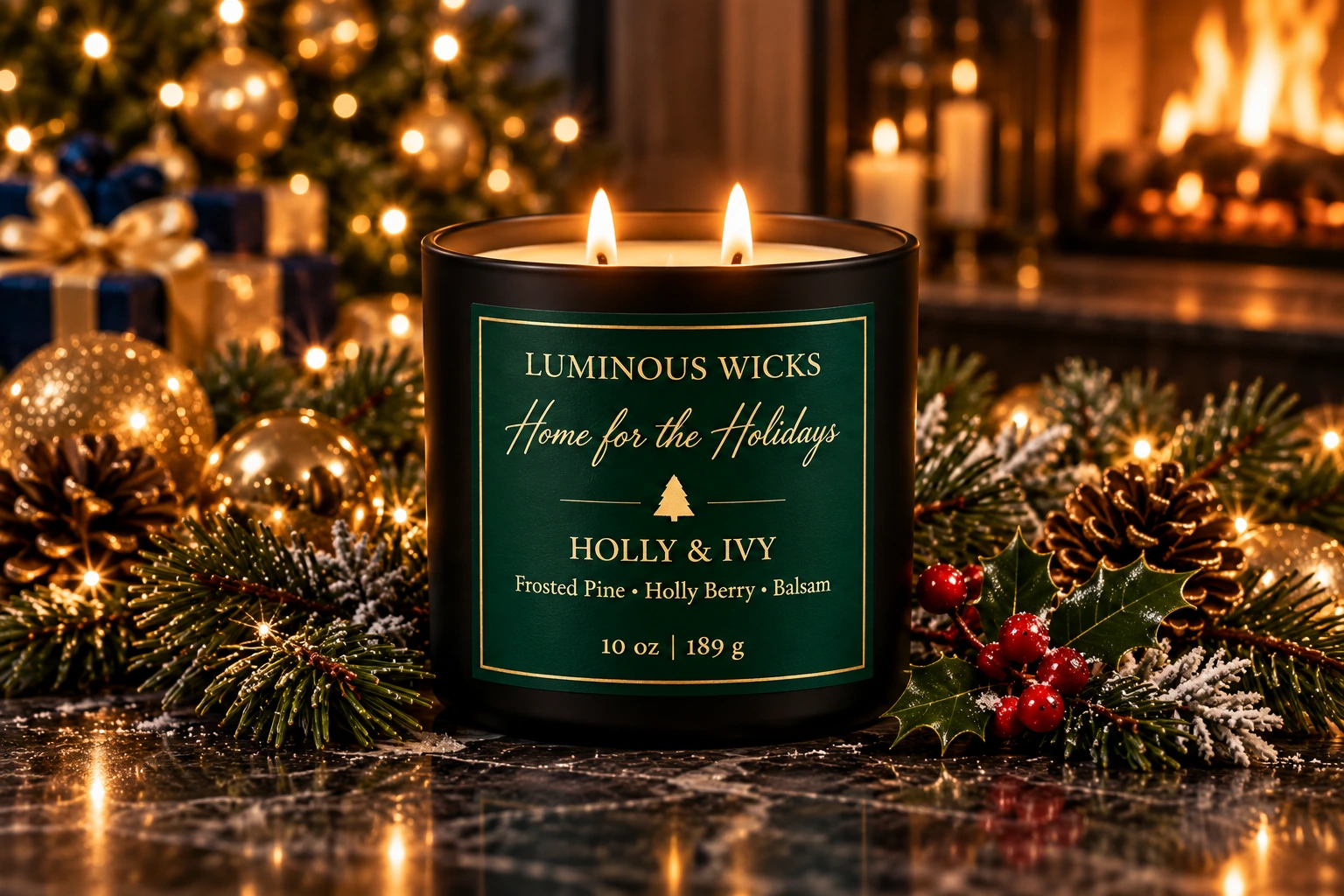 Holly & Ivy candle in a matte black jar with an evergreen and gold label reading 10 oz | 189 g and two lit wicks