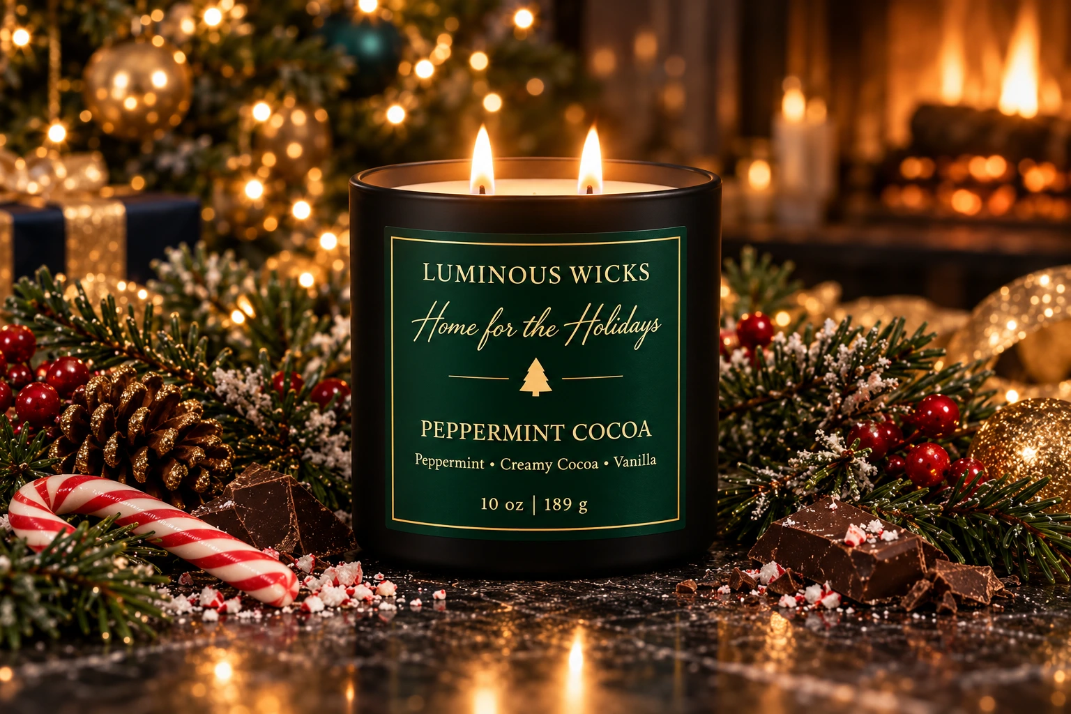 Peppermint Cocoa candle in a matte black jar with an evergreen and gold label reading 10 oz | 189 g and two lit wicks