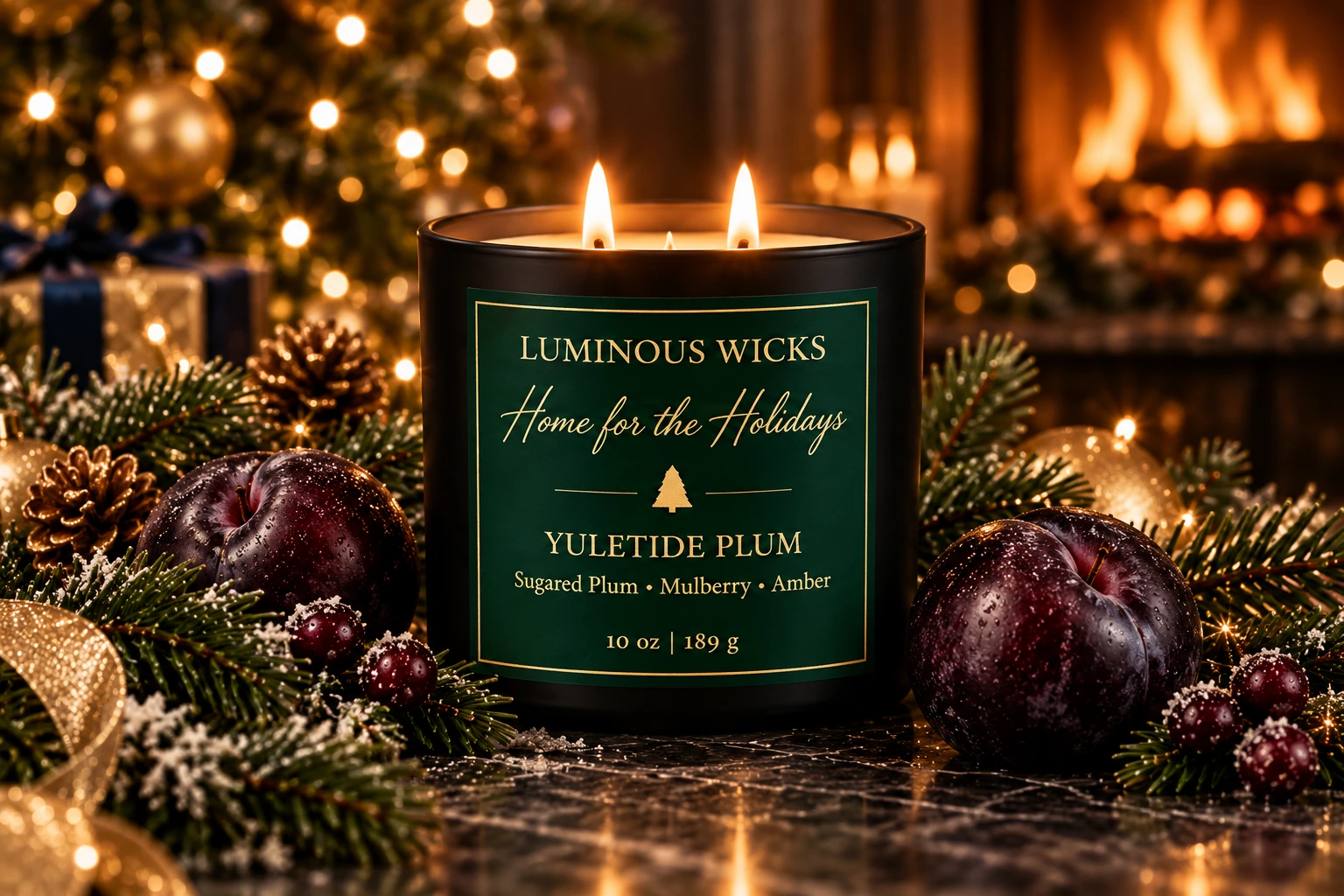 Yuletide Plum candle in a matte black jar with an evergreen and gold label reading 10 oz | 189 g and two lit wicks