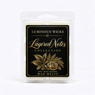 Layered Notes soy wax blend melts in a clear clamshell with a professional black and gold collection label