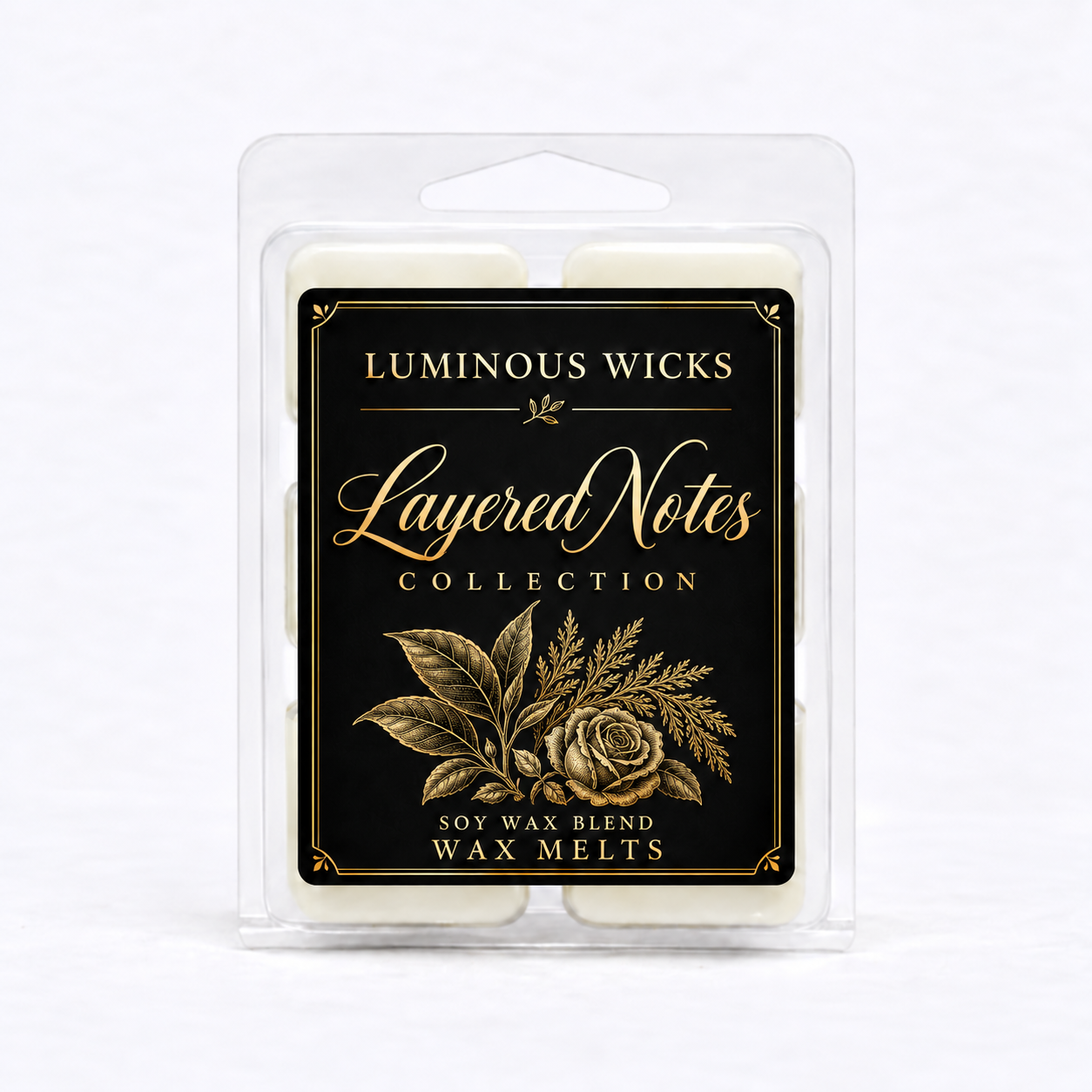 Layered Notes soy wax blend melts in a clear clamshell with a professional black and gold collection label