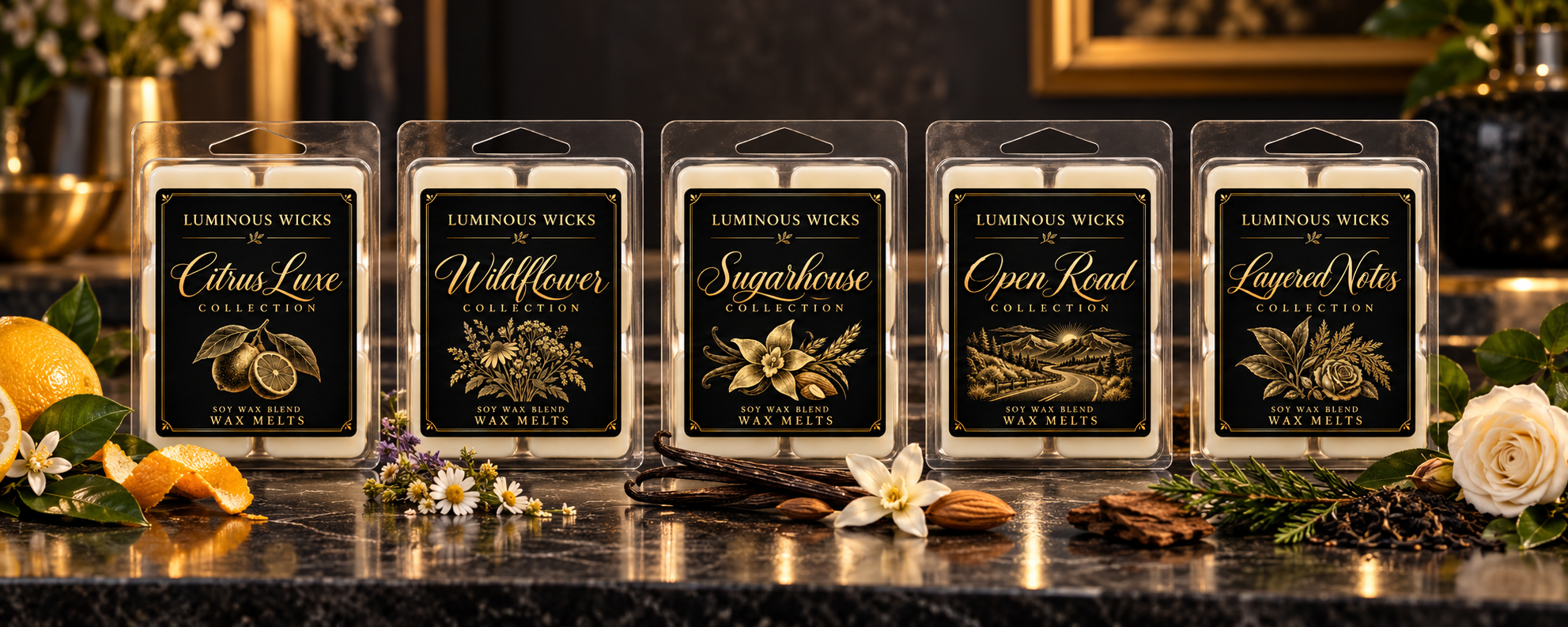 Citrus Luxe, Wildflower, Sugarhouse, Open Road and Layered Notes wax melts with matching black and gold labels