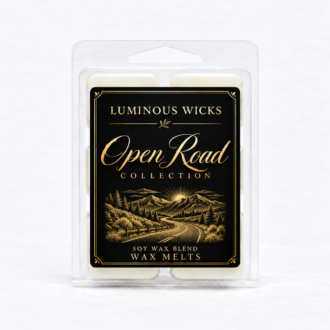 Open Road soy wax blend melts in a clear clamshell with a professional black and gold collection label