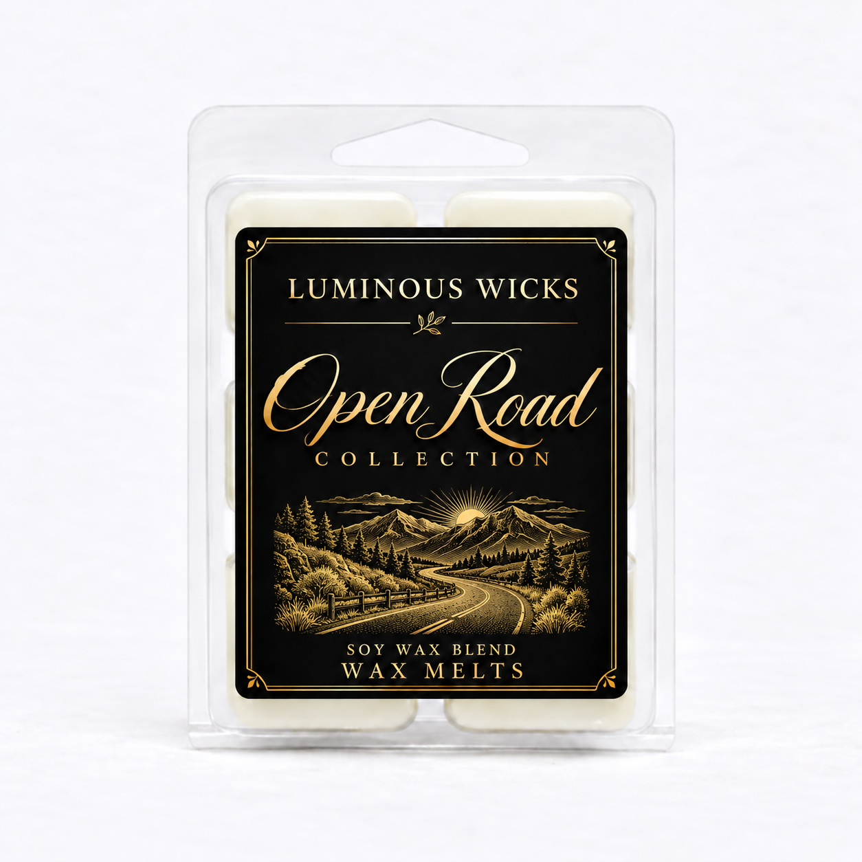 Open Road soy wax blend melts in a clear clamshell with a professional black and gold collection label