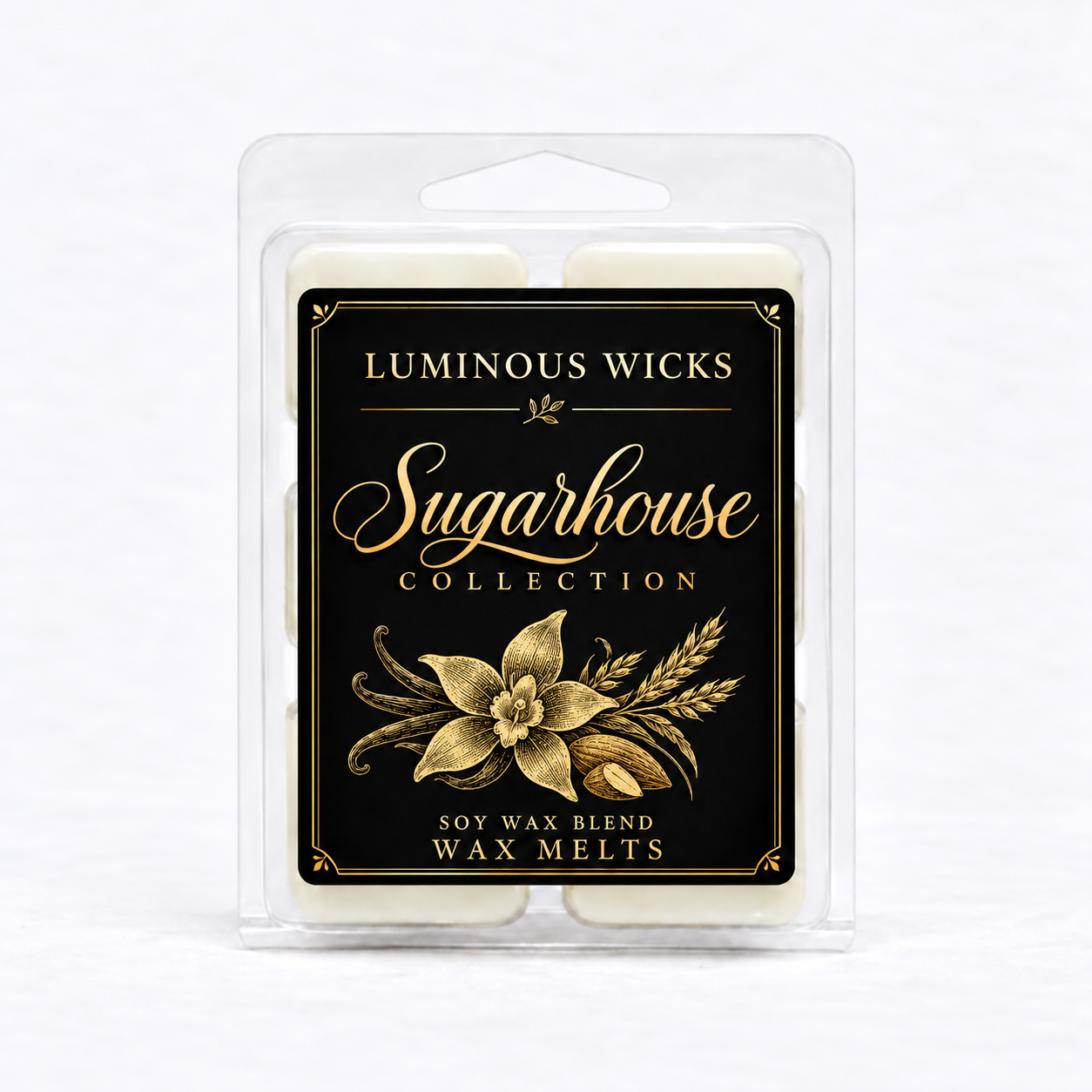Sugarhouse soy wax blend melts in a clear clamshell with a professional black and gold collection label