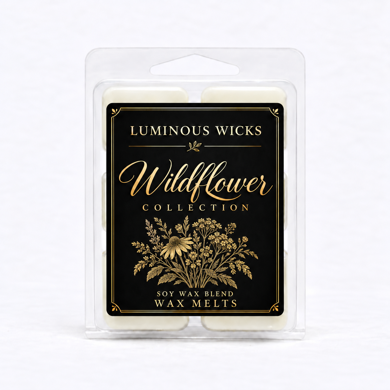 Wildflower soy wax blend melts in a clear clamshell with a professional black and gold collection label