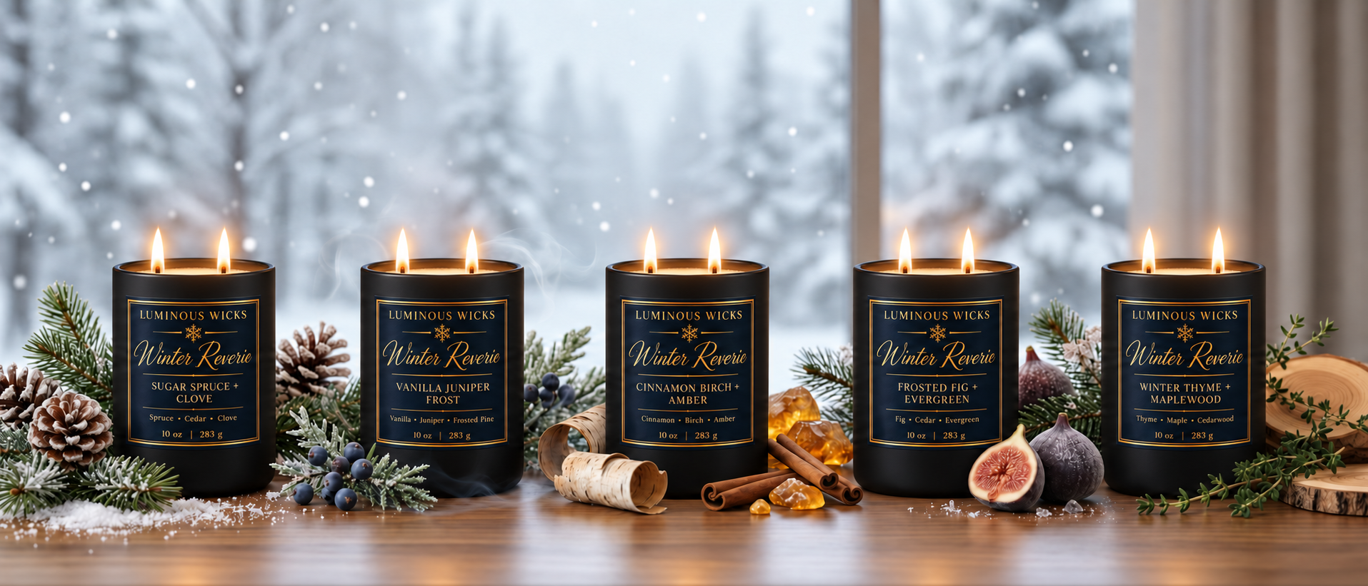 Winter Reverie candles in matte black jars with deep blue and gold labels, each with two lit wicks, beside a snowy winter window