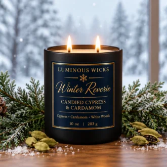 Candied Cypress & Cardamom Winter Reverie winter candle in a black matte jar with a deep blue and gold snowflake label and two lit wicks