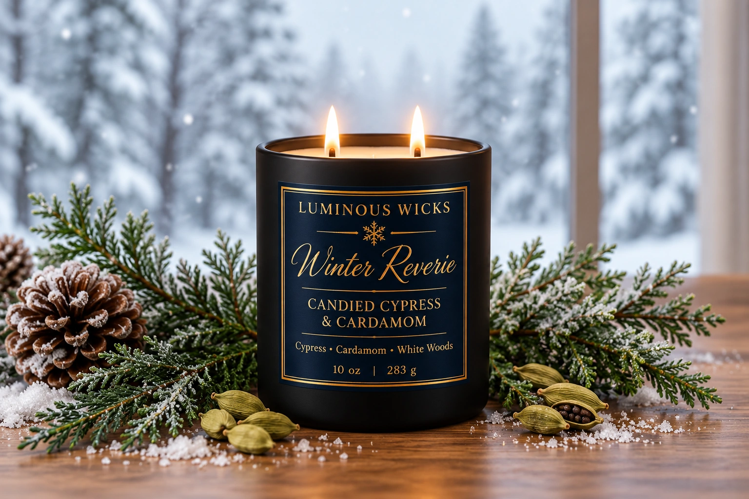 Candied Cypress & Cardamom Winter Reverie winter candle in a black matte jar with a deep blue and gold snowflake label and two lit wicks