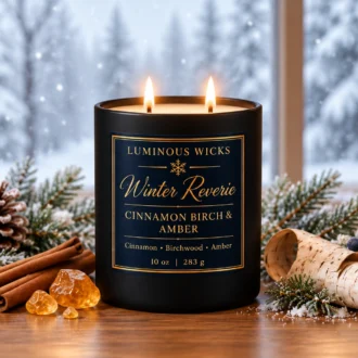 Cinnamon Birch & Amber Winter Reverie winter candle in a black matte jar with a deep blue and gold snowflake label and two lit wicks