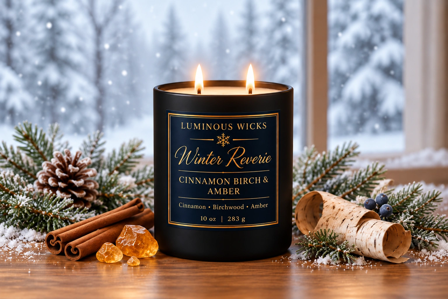 Cinnamon Birch & Amber Winter Reverie winter candle in a black matte jar with a deep blue and gold snowflake label and two lit wicks