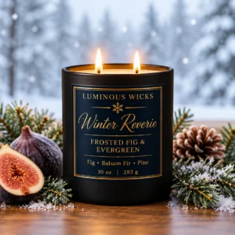 Frosted Fig & Evergreen Winter Reverie winter candle in a black matte jar with a deep blue and gold snowflake label and two lit wicks